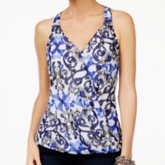 INC Blue White Scroll Print V-Neck Surplice Top XL - Picture 4 of 4